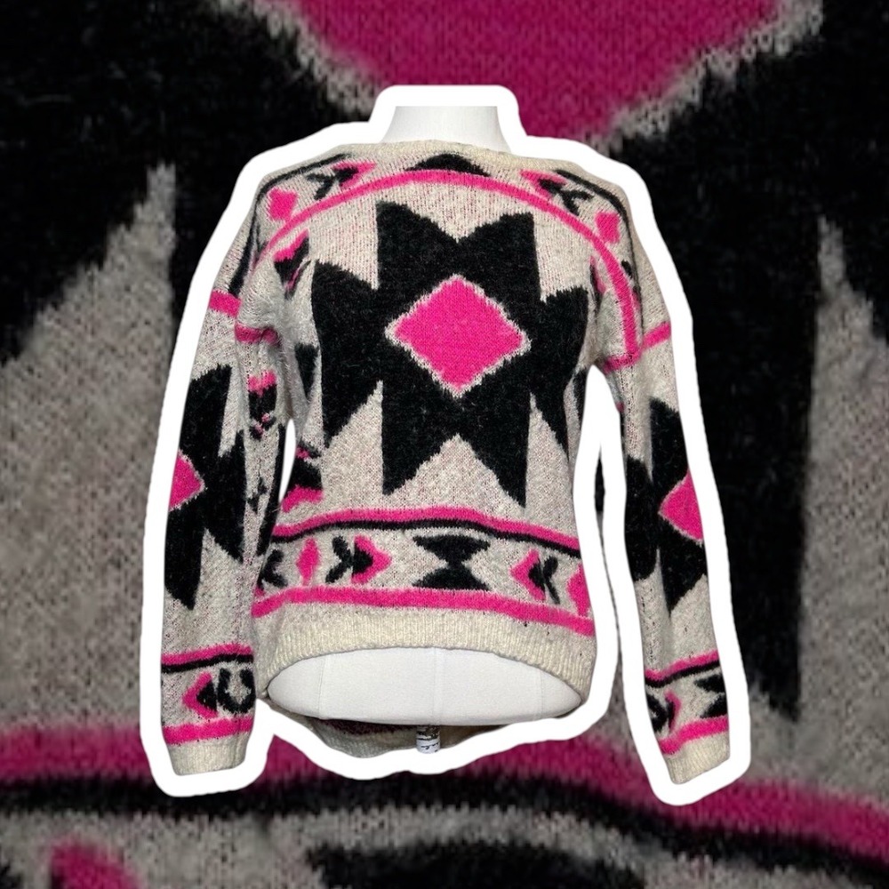Y2K Say What Retro‎ Aztec Print Fuzzy Knit Sweater Women's Boho Pink Black